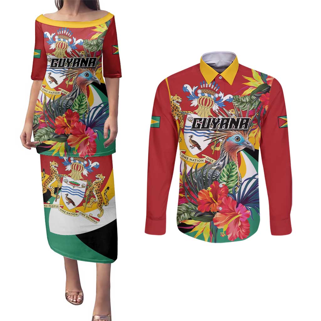 Personalized Guyana Canje Pheasant Couples Matching Puletasi and Long Sleeve Button Shirt Tropical Flowers - Wonder Print Shop