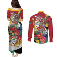 Personalized Guyana Canje Pheasant Couples Matching Puletasi and Long Sleeve Button Shirt Tropical Flowers - Wonder Print Shop