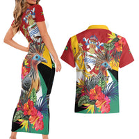 Personalized Guyana Canje Pheasant Couples Matching Short Sleeve Bodycon Dress and Hawaiian Shirt Tropical Flowers - Wonder Print Shop