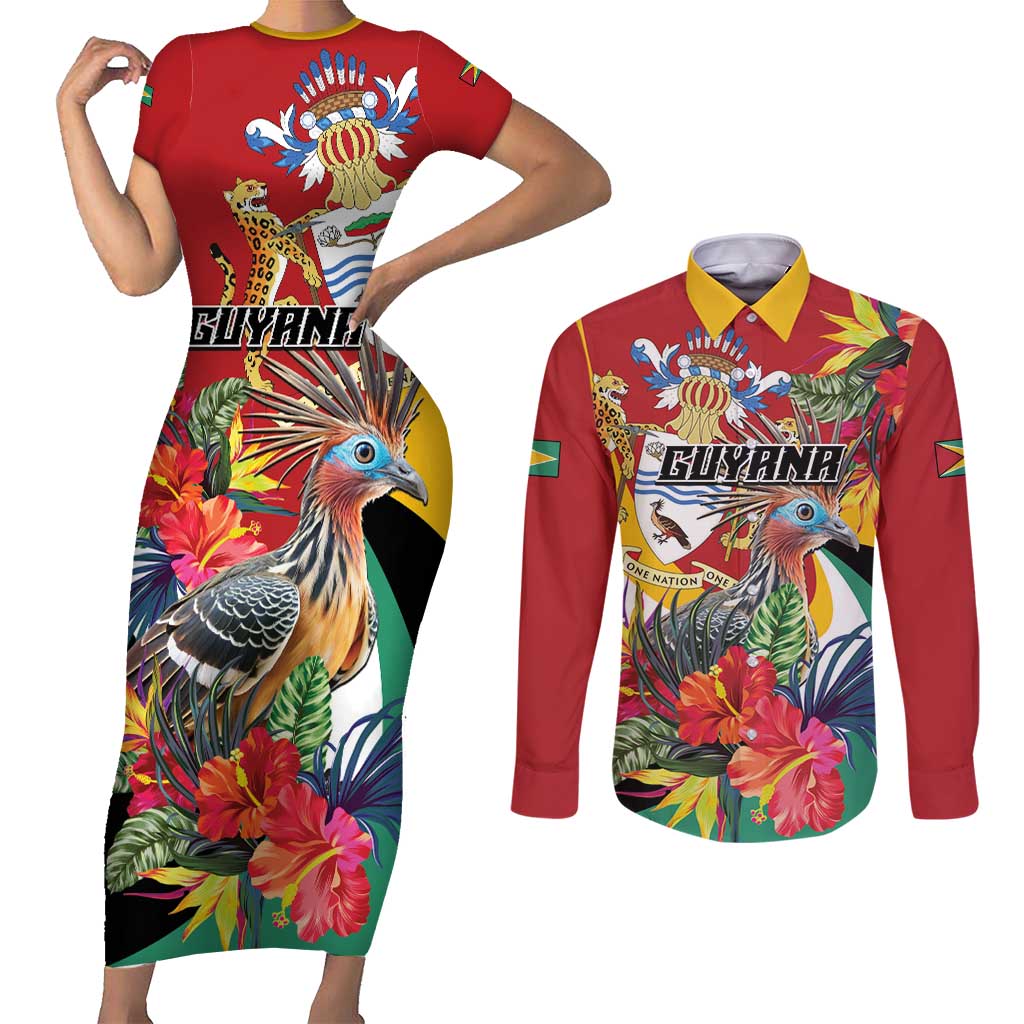Personalized Guyana Canje Pheasant Couples Matching Short Sleeve Bodycon Dress and Long Sleeve Button Shirt Tropical Flowers - Wonder Print Shop