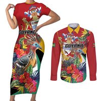 Personalized Guyana Canje Pheasant Couples Matching Short Sleeve Bodycon Dress and Long Sleeve Button Shirt Tropical Flowers - Wonder Print Shop