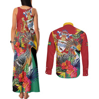 Personalized Guyana Canje Pheasant Couples Matching Tank Maxi Dress and Long Sleeve Button Shirt Tropical Flowers - Wonder Print Shop