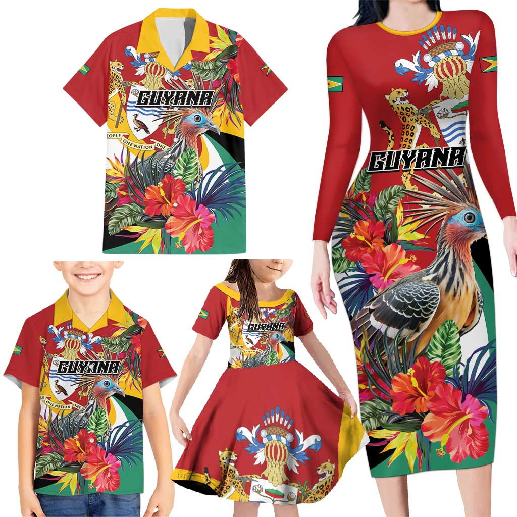 Personalized Guyana Canje Pheasant Family Matching Long Sleeve Bodycon Dress and Hawaiian Shirt Tropical Flowers - Wonder Print Shop