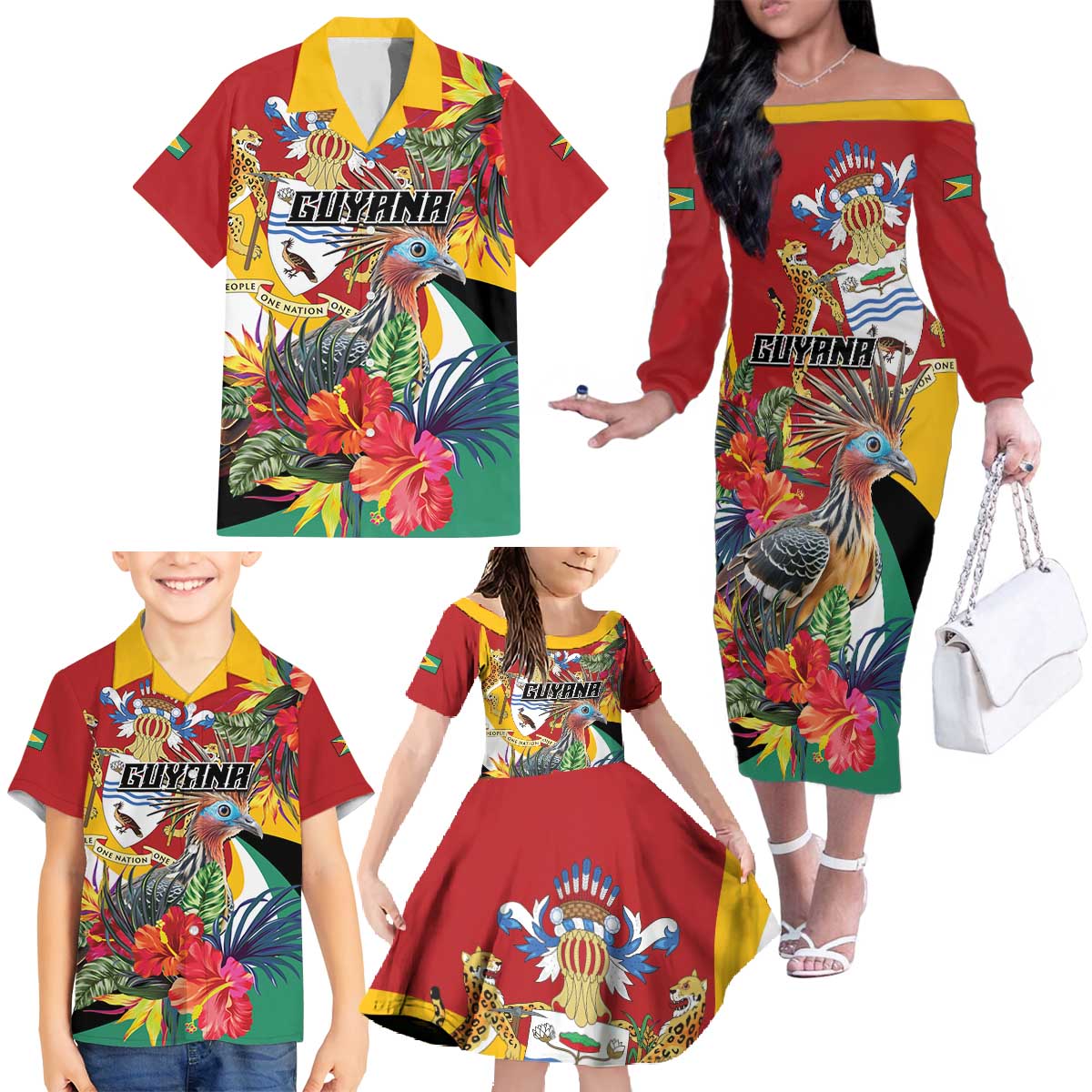 Personalized Guyana Canje Pheasant Family Matching Off The Shoulder Long Sleeve Dress and Hawaiian Shirt Tropical Flowers - Wonder Print Shop