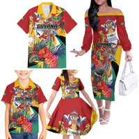 Personalized Guyana Canje Pheasant Family Matching Off The Shoulder Long Sleeve Dress and Hawaiian Shirt Tropical Flowers - Wonder Print Shop