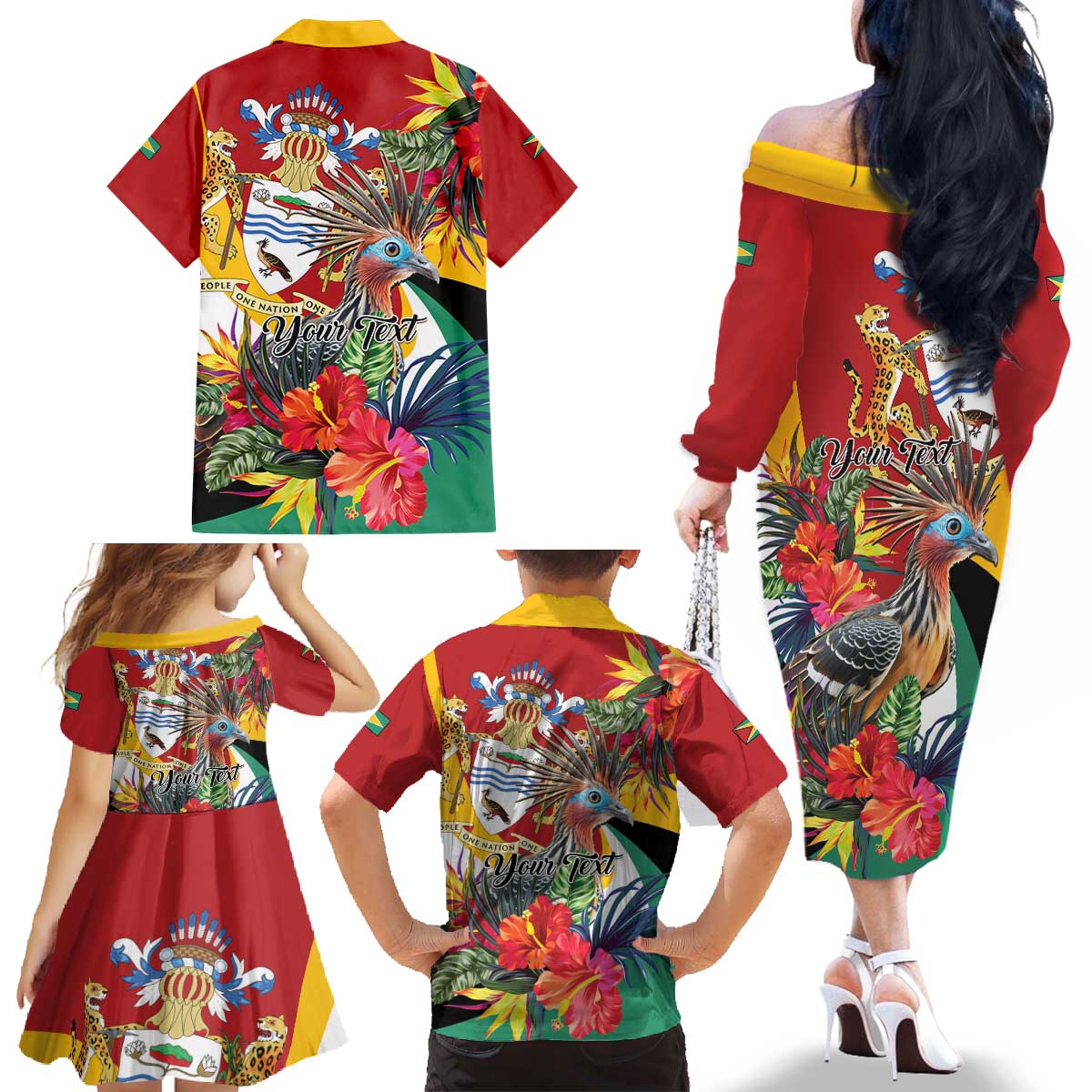 Personalized Guyana Canje Pheasant Family Matching Off The Shoulder Long Sleeve Dress and Hawaiian Shirt Tropical Flowers - Wonder Print Shop