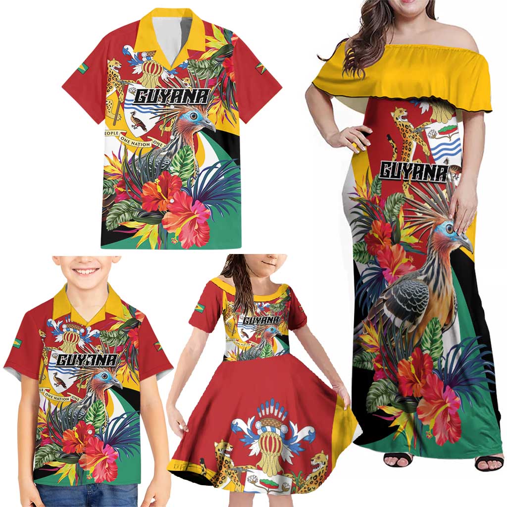 Personalized Guyana Canje Pheasant Family Matching Off Shoulder Maxi Dress and Hawaiian Shirt Tropical Flowers - Wonder Print Shop