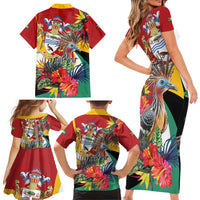 Personalized Guyana Canje Pheasant Family Matching Short Sleeve Bodycon Dress and Hawaiian Shirt Tropical Flowers - Wonder Print Shop