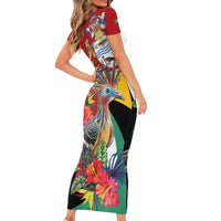 Personalized Guyana Canje Pheasant Family Matching Short Sleeve Bodycon Dress and Hawaiian Shirt Tropical Flowers - Wonder Print Shop