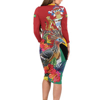 Personalized Guyana Canje Pheasant Long Sleeve Bodycon Dress Tropical Flowers - Wonder Print Shop