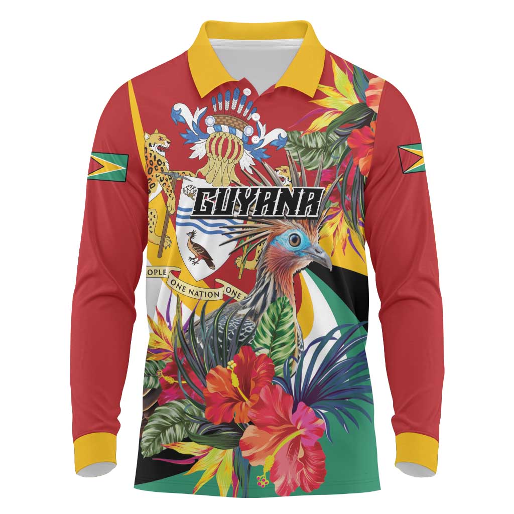 Personalized Guyana Canje Pheasant Long Sleeve Polo Shirt Tropical Flowers - Wonder Print Shop