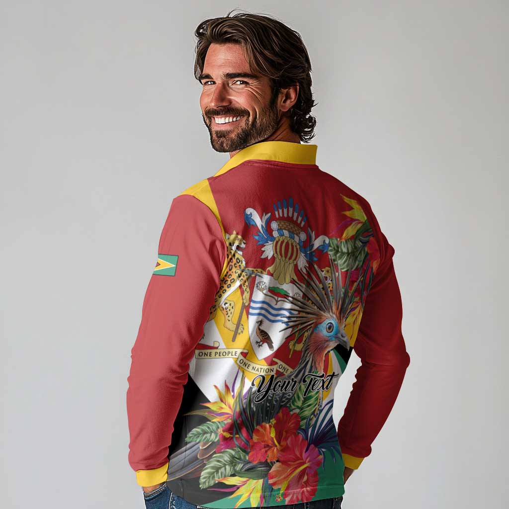 Personalized Guyana Canje Pheasant Long Sleeve Polo Shirt Tropical Flowers - Wonder Print Shop