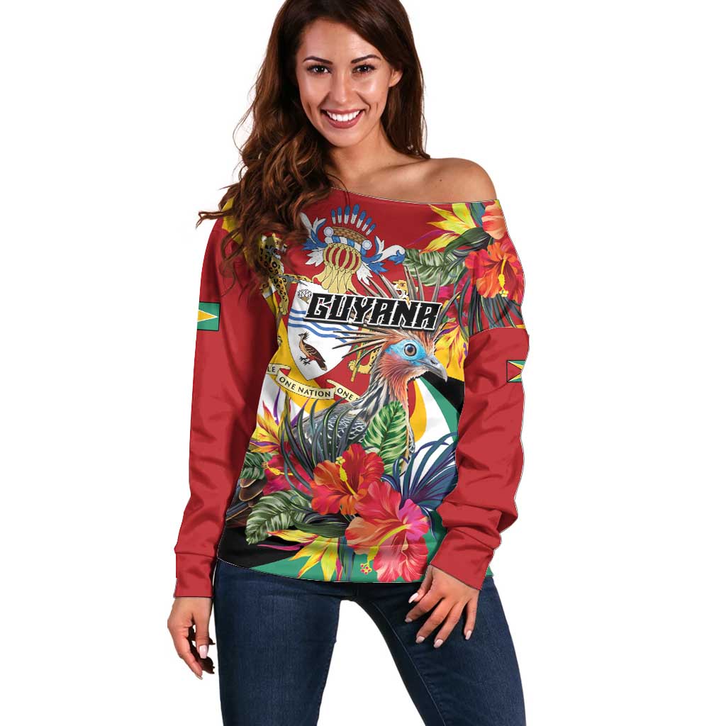 Personalized Guyana Canje Pheasant Off Shoulder Sweater Tropical Flowers - Wonder Print Shop
