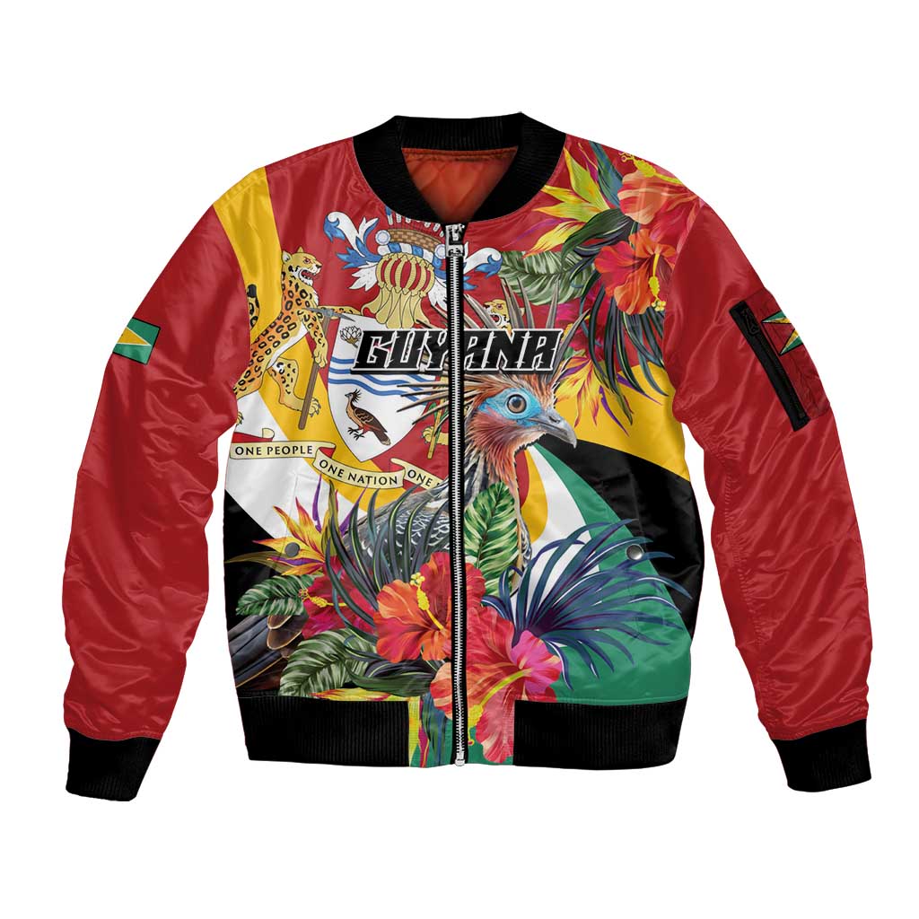 Personalized Guyana Canje Pheasant Sleeve Zip Bomber Jacket Tropical Flowers - Wonder Print Shop