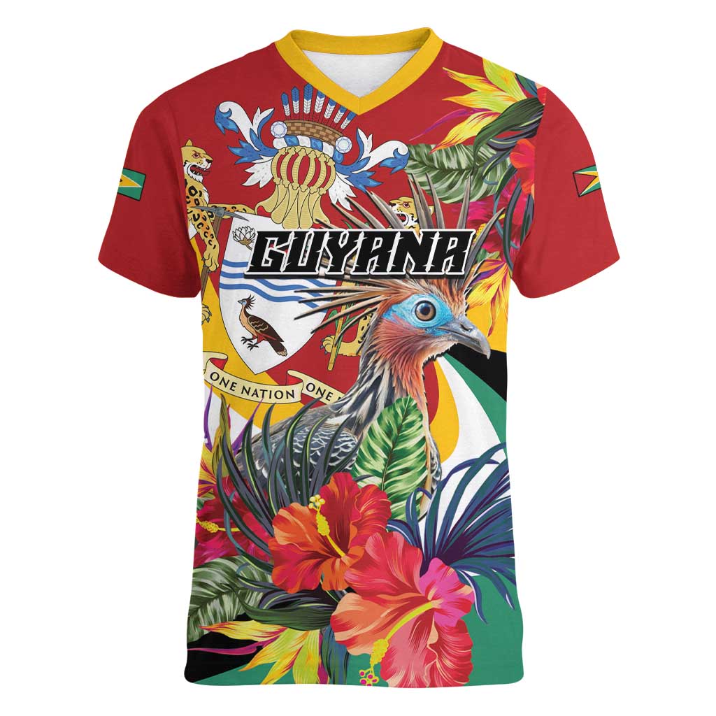 Personalized Guyana Canje Pheasant Women V-Neck T-Shirt Tropical Flowers - Wonder Print Shop