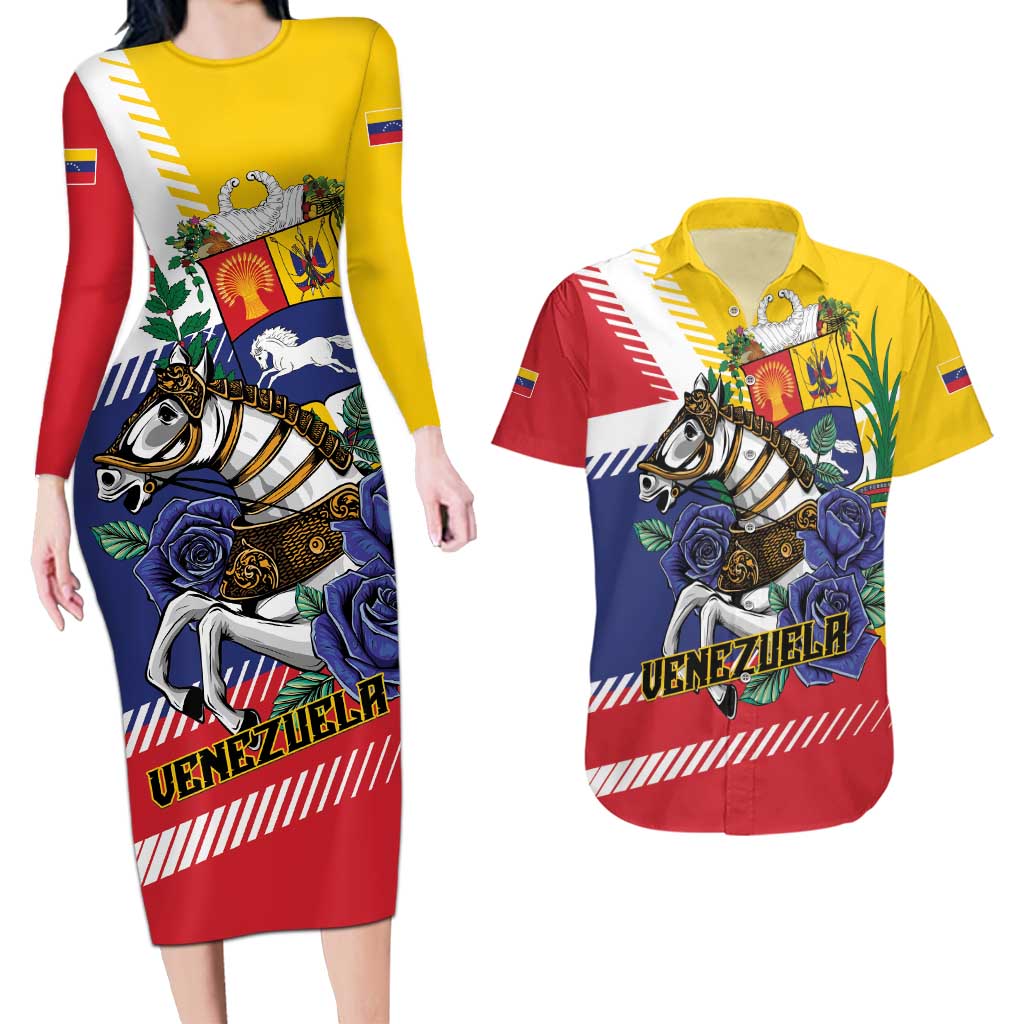 Personalized Venezuela White Horse Couples Matching Long Sleeve Bodycon Dress and Hawaiian Shirt Veneziola Flag Colors - Wonder Print Shop