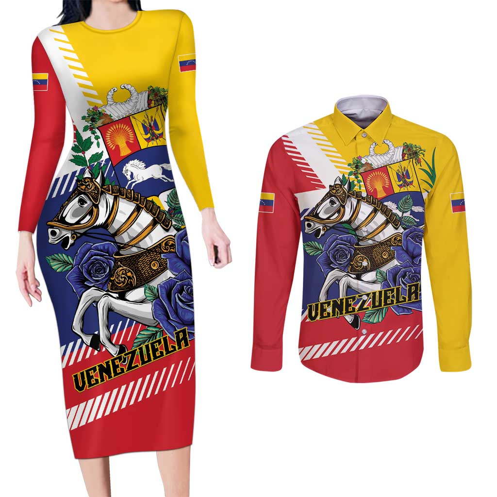 Personalized Venezuela White Horse Couples Matching Long Sleeve Bodycon Dress and Long Sleeve Button Shirt Veneziola Flag Colors - Wonder Print Shop