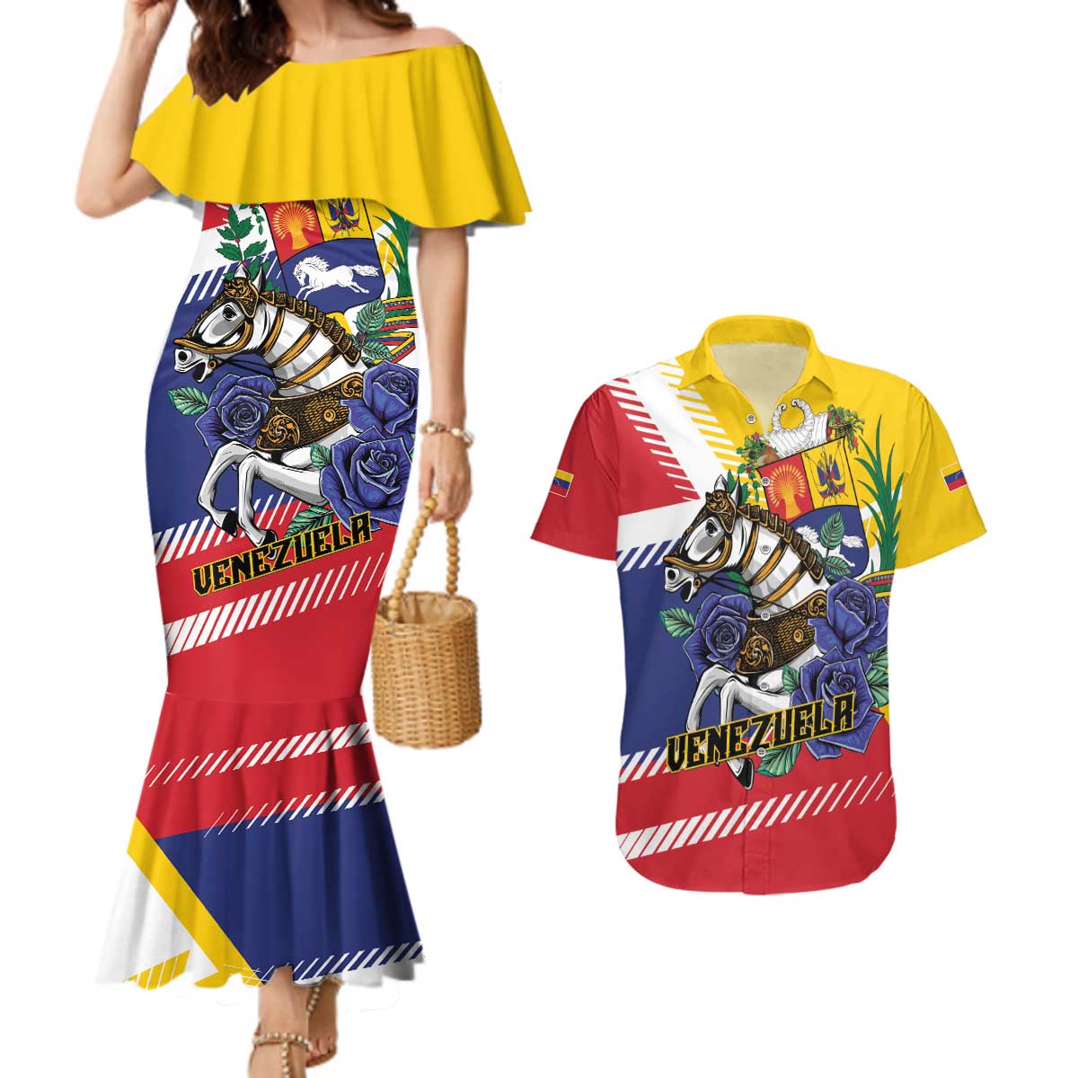 Personalized Venezuela White Horse Couples Matching Mermaid Dress and Hawaiian Shirt Veneziola Flag Colors - Wonder Print Shop