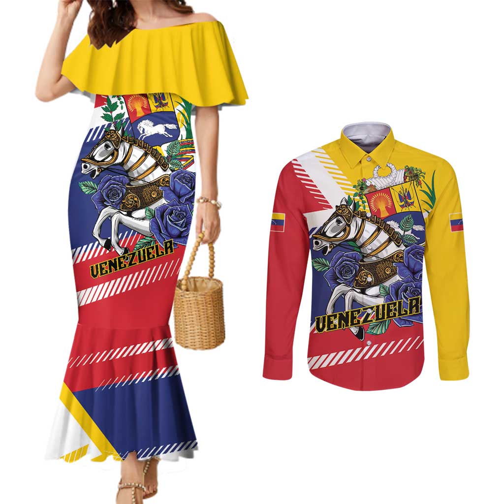 Personalized Venezuela White Horse Couples Matching Mermaid Dress and Long Sleeve Button Shirt Veneziola Flag Colors - Wonder Print Shop