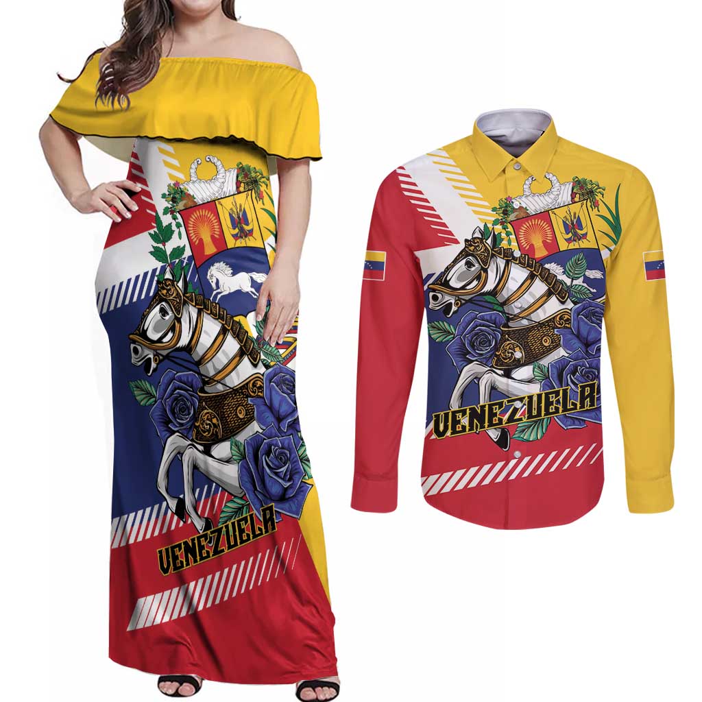 Personalized Venezuela White Horse Couples Matching Off Shoulder Maxi Dress and Long Sleeve Button Shirt Veneziola Flag Colors - Wonder Print Shop