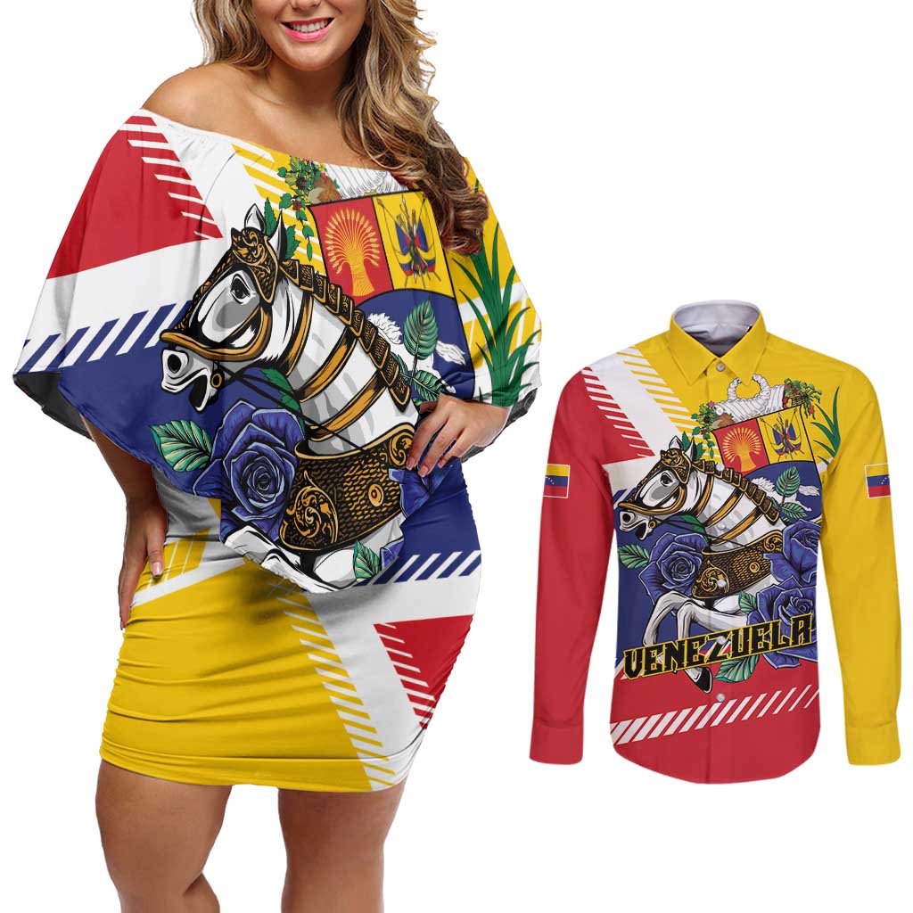 Personalized Venezuela White Horse Couples Matching Off Shoulder Short Dress and Long Sleeve Button Shirt Veneziola Flag Colors - Wonder Print Shop