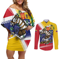 Personalized Venezuela White Horse Couples Matching Off Shoulder Short Dress and Long Sleeve Button Shirt Veneziola Flag Colors - Wonder Print Shop