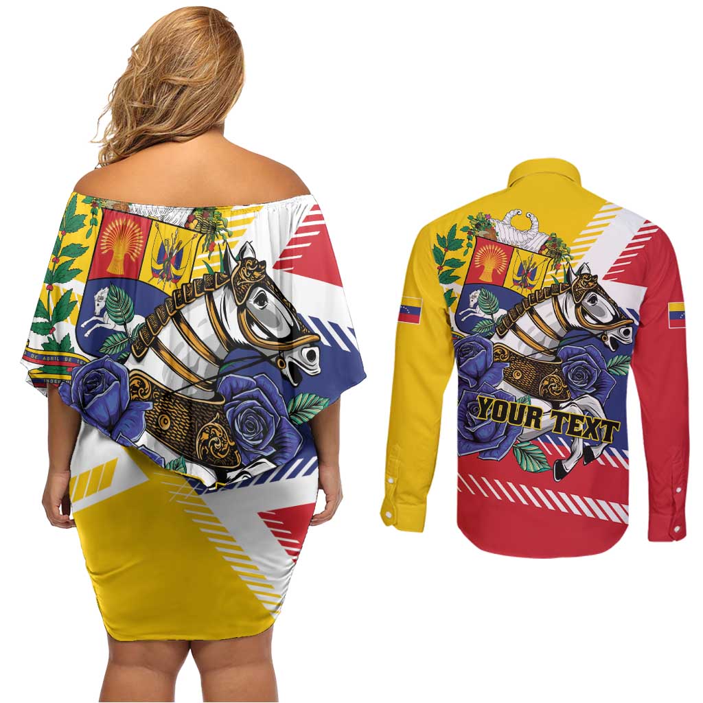Personalized Venezuela White Horse Couples Matching Off Shoulder Short Dress and Long Sleeve Button Shirt Veneziola Flag Colors - Wonder Print Shop