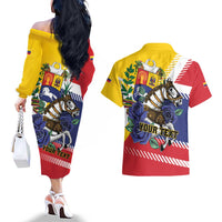 Personalized Venezuela White Horse Couples Matching Off The Shoulder Long Sleeve Dress and Hawaiian Shirt Veneziola Flag Colors - Wonder Print Shop