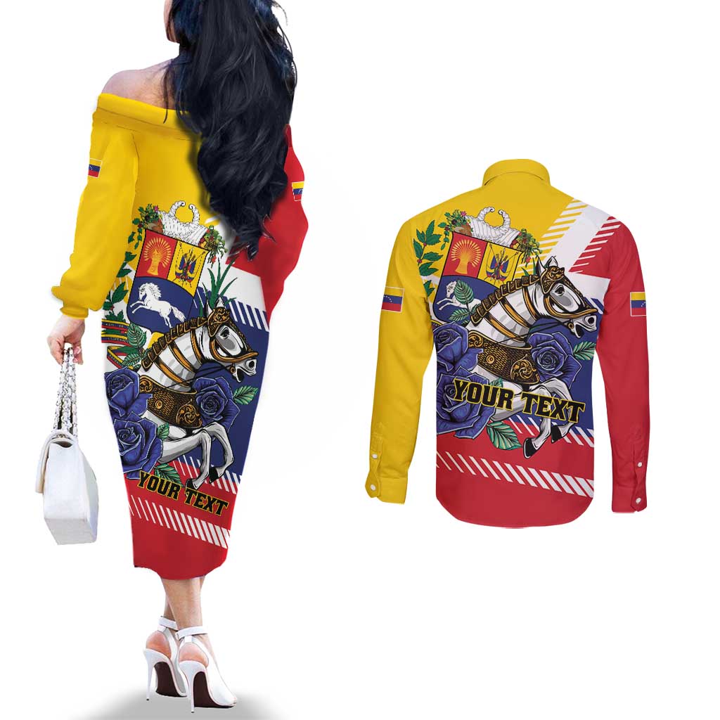Personalized Venezuela White Horse Couples Matching Off The Shoulder Long Sleeve Dress and Long Sleeve Button Shirt Veneziola Flag Colors - Wonder Print Shop
