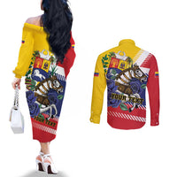 Personalized Venezuela White Horse Couples Matching Off The Shoulder Long Sleeve Dress and Long Sleeve Button Shirt Veneziola Flag Colors - Wonder Print Shop