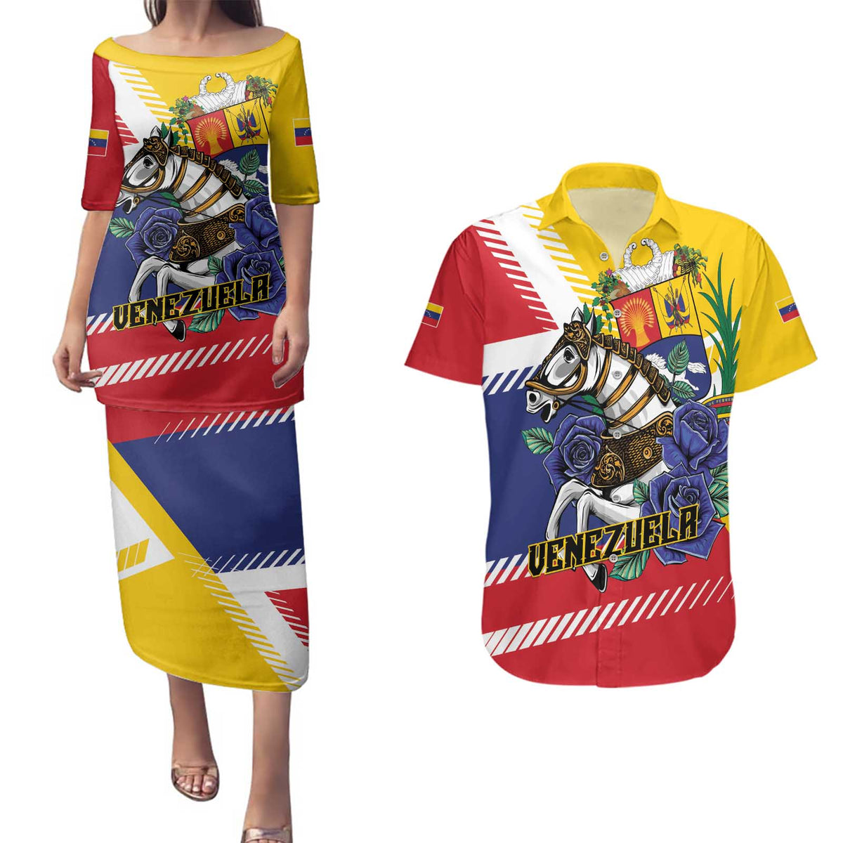 Personalized Venezuela White Horse Couples Matching Puletasi and Hawaiian Shirt Veneziola Flag Colors - Wonder Print Shop