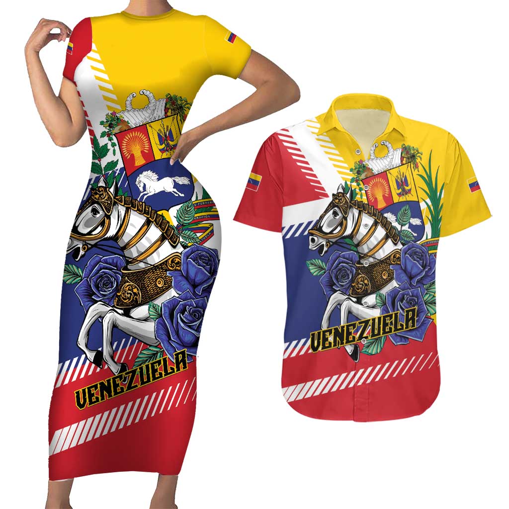 Personalized Venezuela White Horse Couples Matching Short Sleeve Bodycon Dress and Hawaiian Shirt Veneziola Flag Colors - Wonder Print Shop