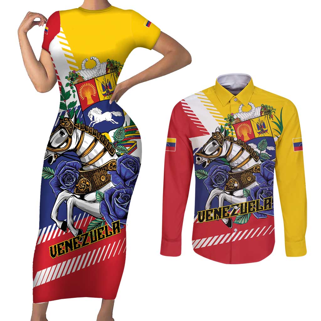 Personalized Venezuela White Horse Couples Matching Short Sleeve Bodycon Dress and Long Sleeve Button Shirt Veneziola Flag Colors - Wonder Print Shop