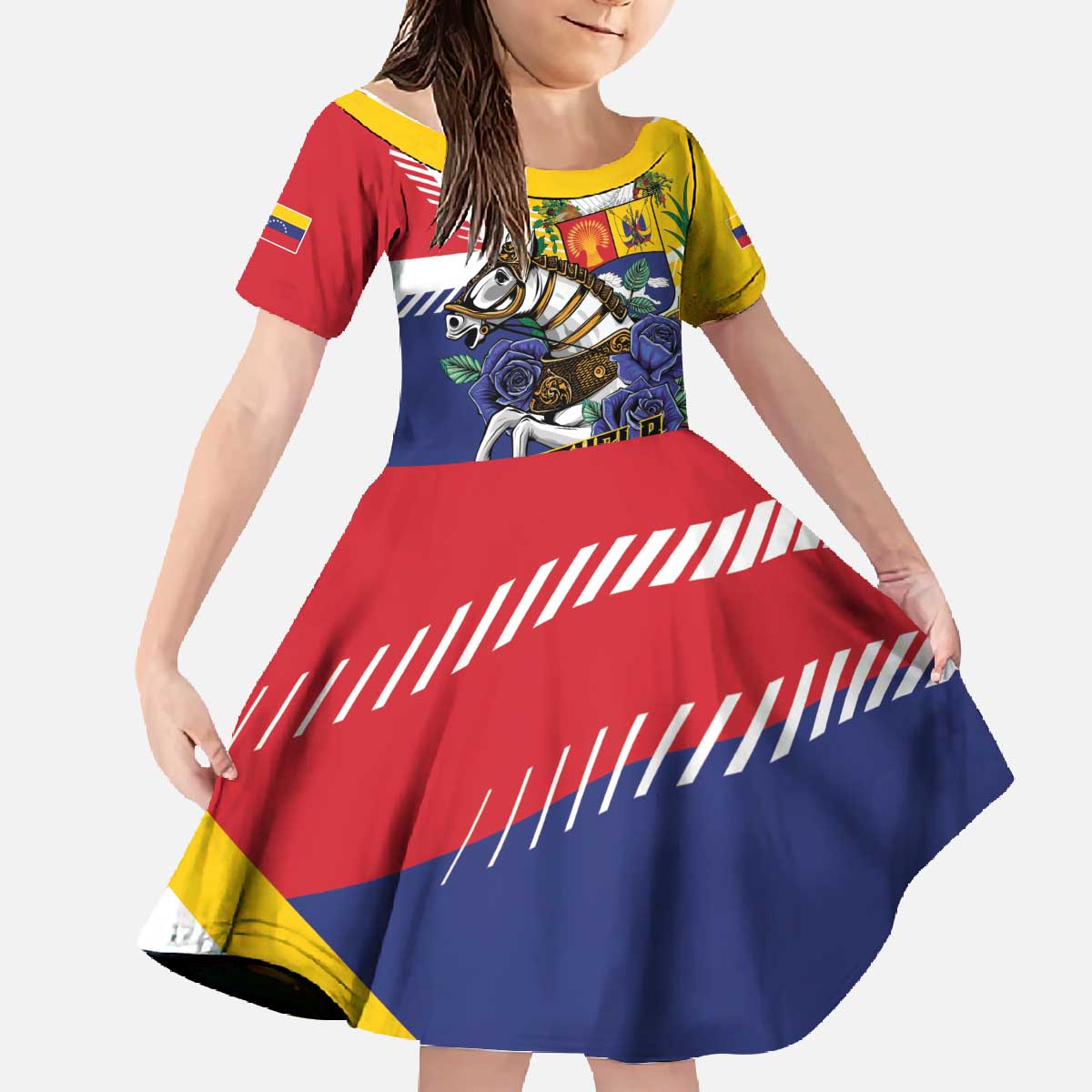 Personalized Venezuela White Horse Family Matching Off The Shoulder Long Sleeve Dress and Hawaiian Shirt Veneziola Flag Colors - Wonder Print Shop