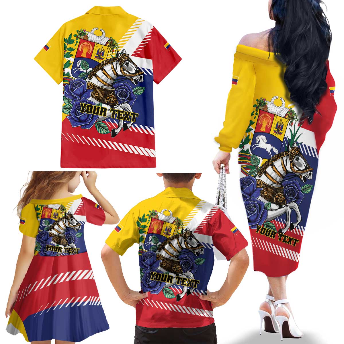 Personalized Venezuela White Horse Family Matching Off The Shoulder Long Sleeve Dress and Hawaiian Shirt Veneziola Flag Colors - Wonder Print Shop
