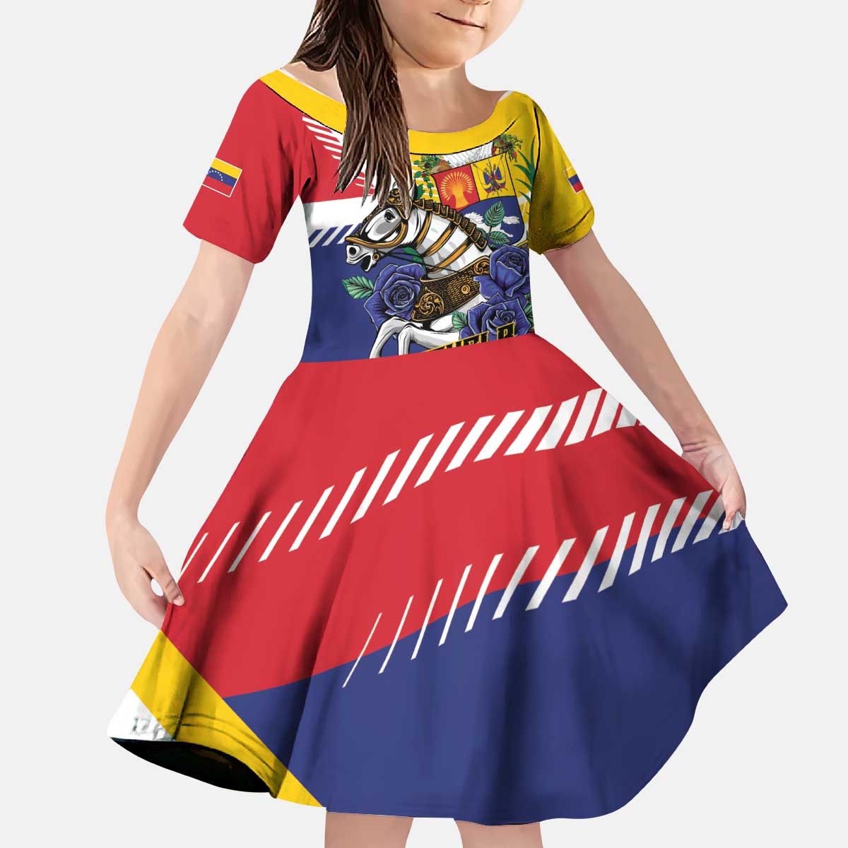 Personalized Venezuela White Horse Kid Short Sleeve Dress Veneziola Flag Colors - Wonder Print Shop