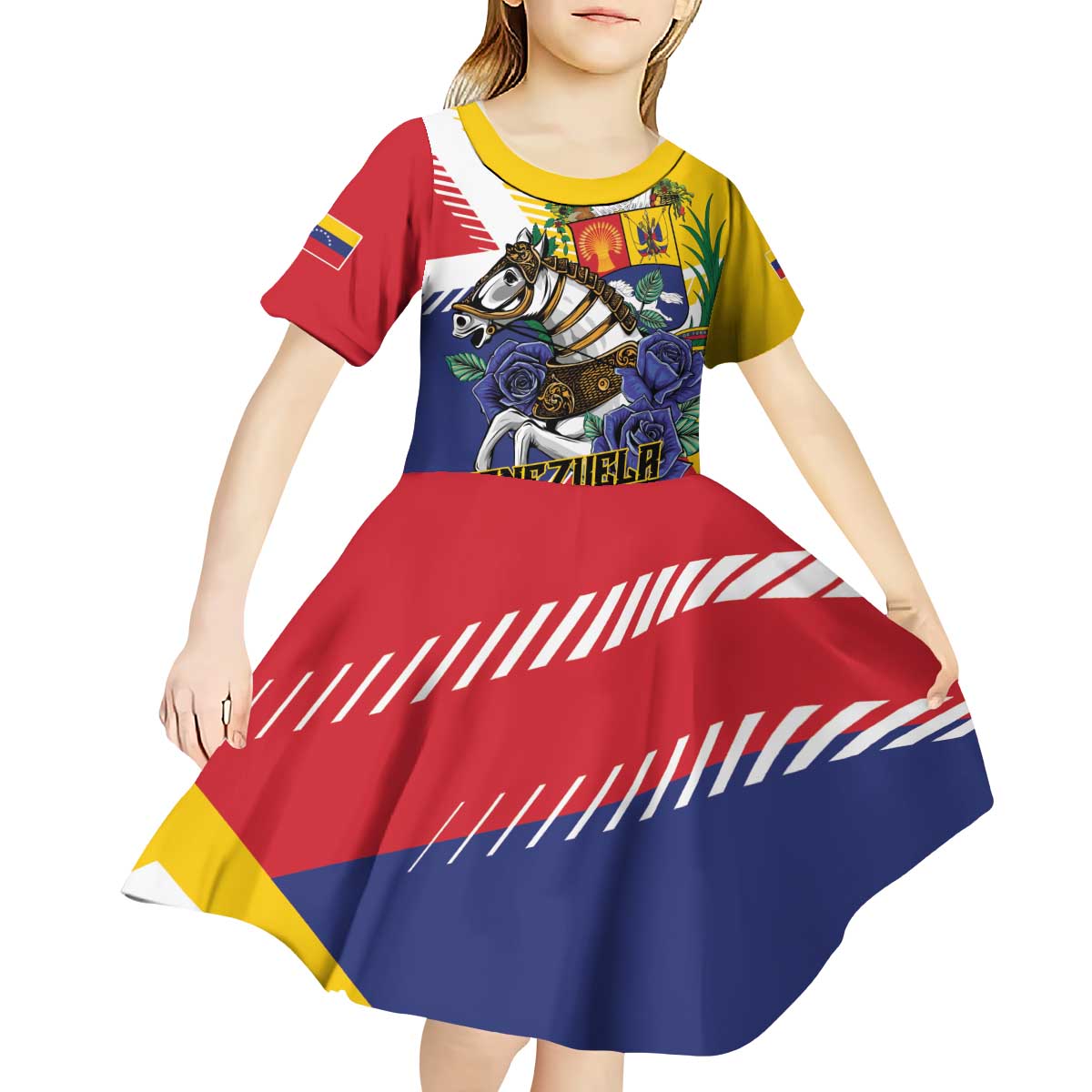 Personalized Venezuela White Horse Kid Short Sleeve Dress Veneziola Flag Colors - Wonder Print Shop
