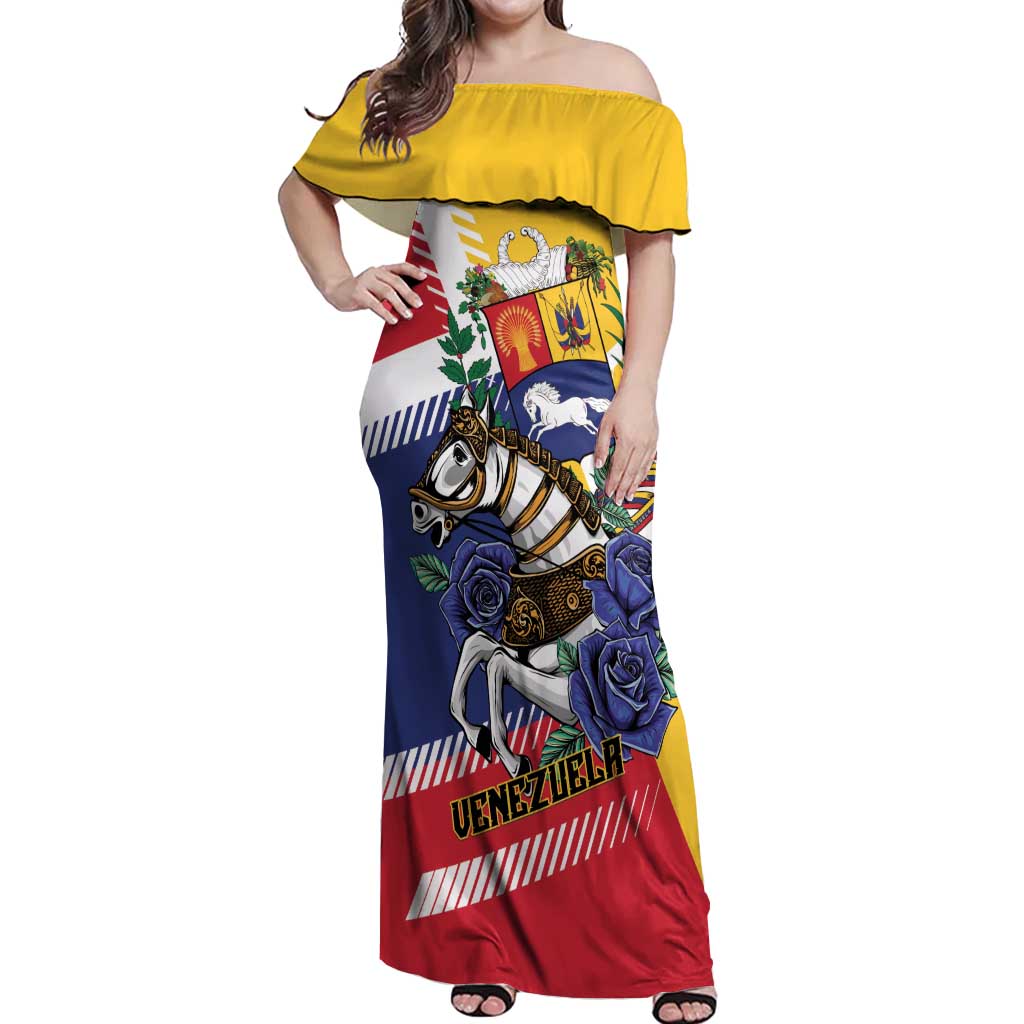 Personalized Venezuela White Horse Off Shoulder Maxi Dress Veneziola Flag Colors - Wonder Print Shop