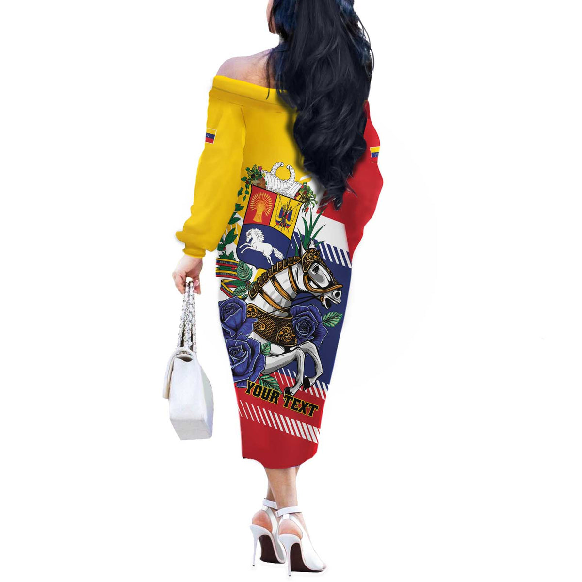Personalized Venezuela White Horse Off The Shoulder Long Sleeve Dress Veneziola Flag Colors - Wonder Print Shop