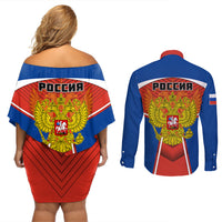 Russia Couples Matching Off Shoulder Short Dress and Long Sleeve Button Shirts Russian Eagle and Kremlin - Wonder Print Shop