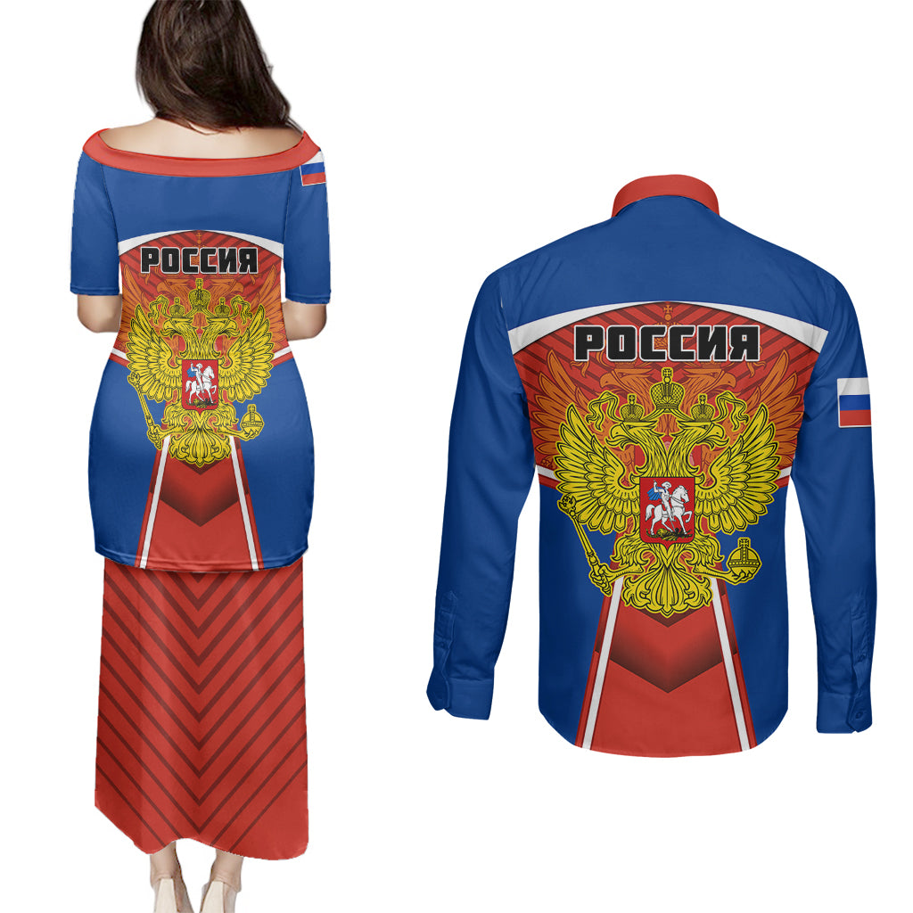 Russia Couples Matching Puletasi Dress and Long Sleeve Button Shirts Russian Eagle and Kremlin - Wonder Print Shop