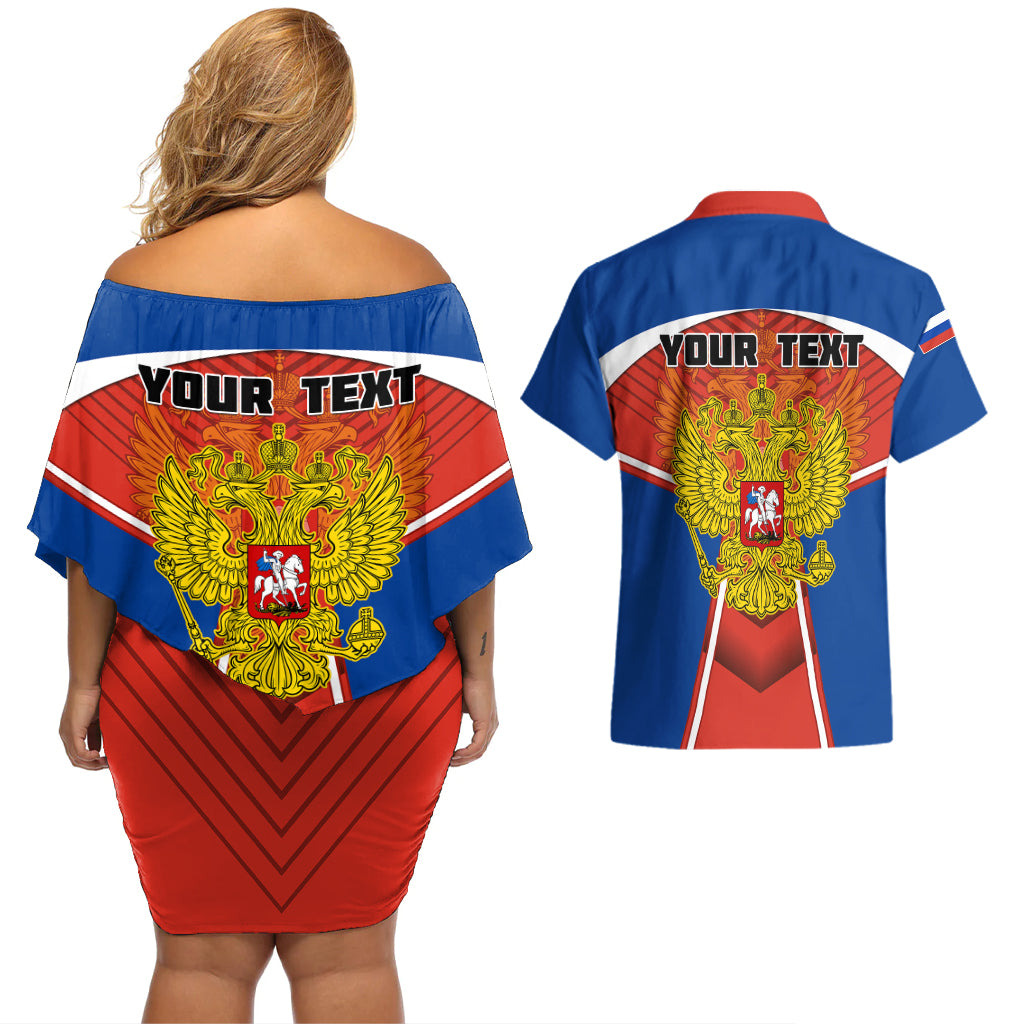 Personalised Russia Couples Matching Off Shoulder Short Dress and Hawaiian Shirt Russian Eagle and Kremlin - Wonder Print Shop
