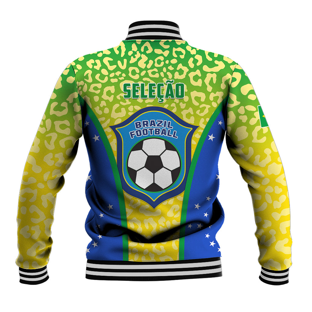 Leopard-pattern baseball jacket with Brazil football crest and soccer-ball graphic