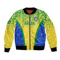 Unisex Brazil bomber jacket with leopard pattern, yellow/green/blue front, black rib trim