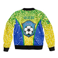 Unisex Brazil bomber jacket with leopard pattern, yellow/green/blue back crest, black rib trim