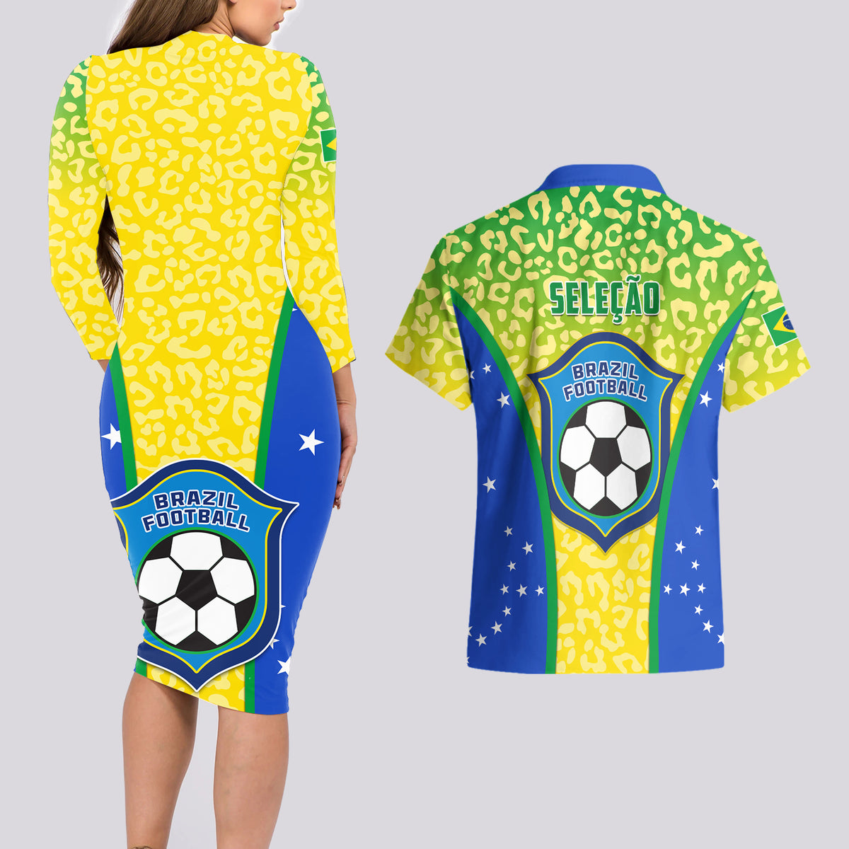 Brazil leopard print couples set, back view: yellow long-sleeve dress and green Hawaiian shirt