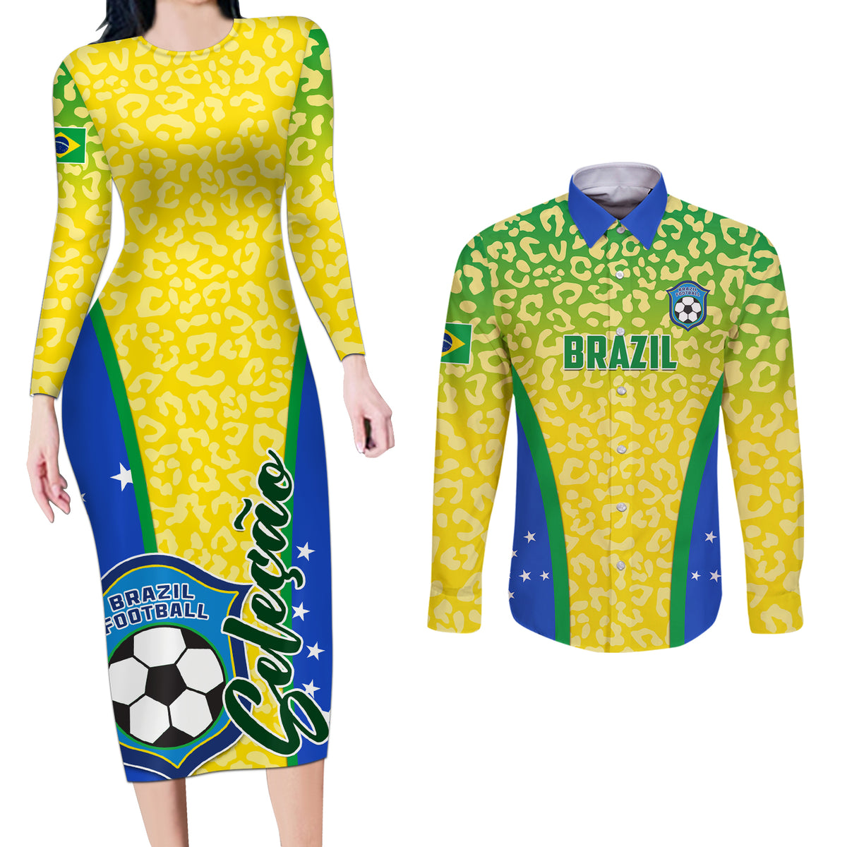 Brazil Football Couples Matching Long Sleeve Bodycon Dress and Long Sleeve Button Shirts Brasil Leopard Pattern - Wonder Print Shop