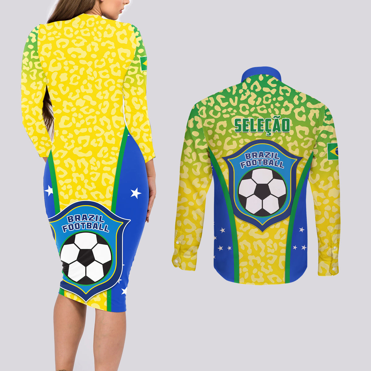 Long-sleeve dress and button shirt set, back view yellow leopard Brazil soccer print