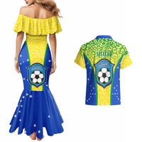 Mermaid dress and Hawaiian shirt set backs: yellow off-shoulder, green leopard print, blue stars