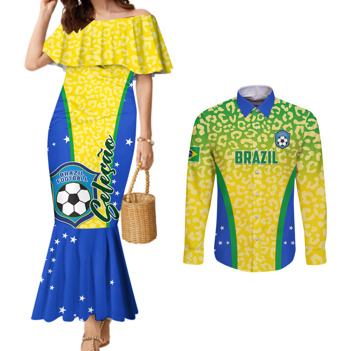 brazil-football-couples-matching-mermaid-dress-and-long-sleeve-button-shirts-brasil-leopard-pattern